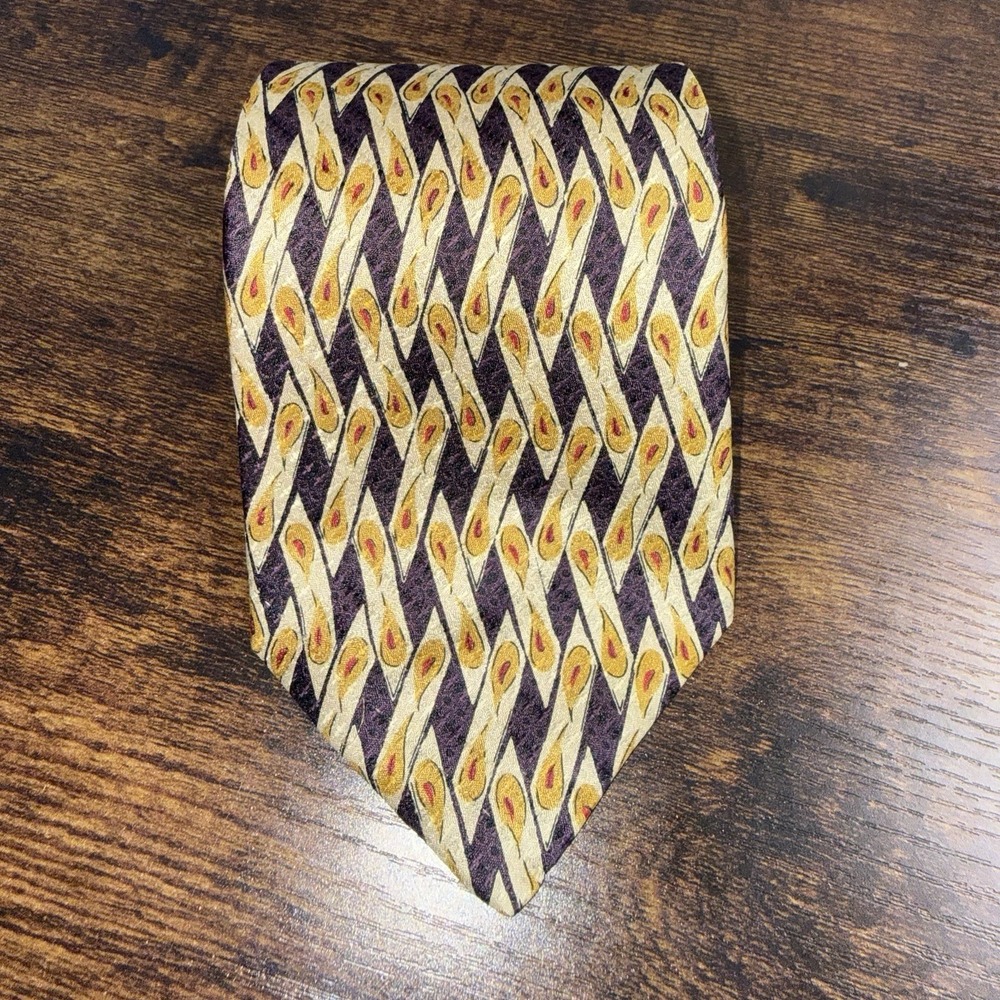 Robert Talbott Studio Silk Necktie‎ Geometric Paisley Brown Gold Burgundy Mens